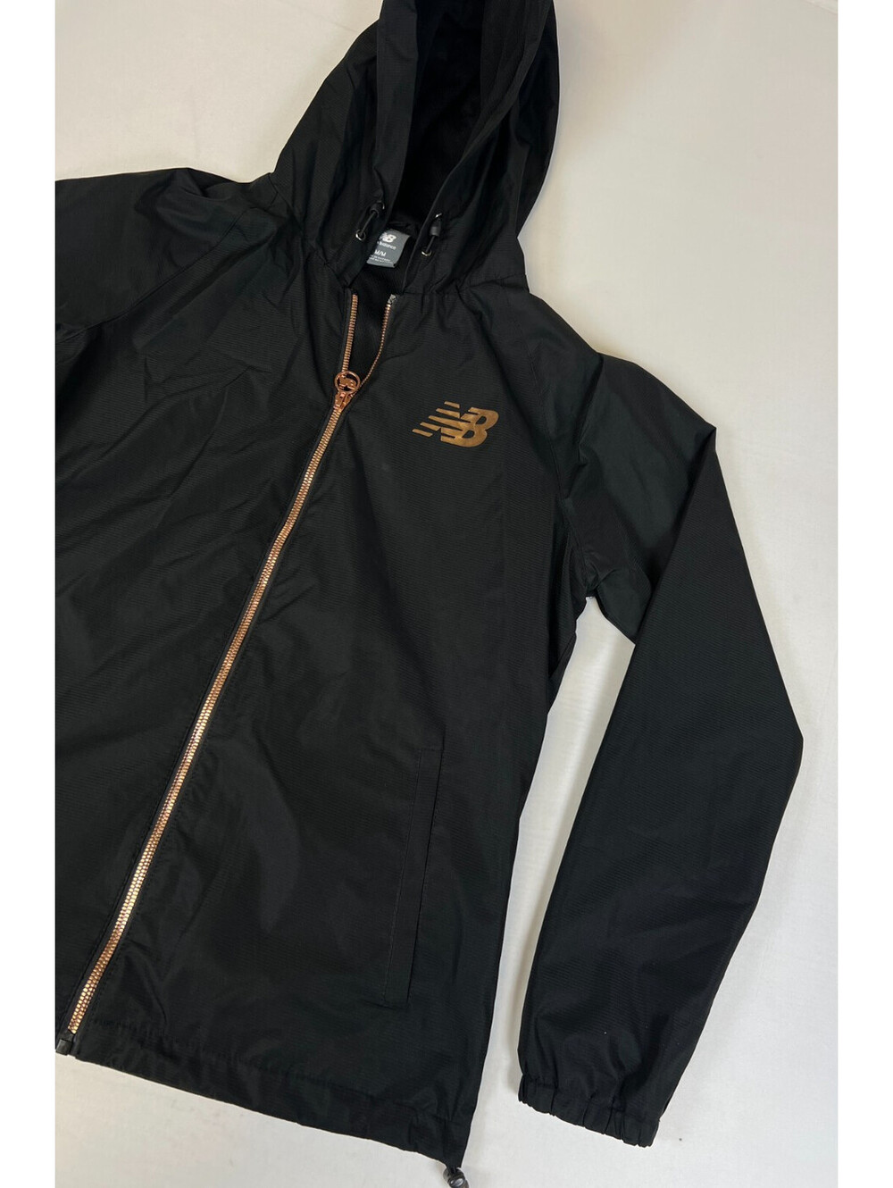 New Balance Womens M Black Full Zip Hooded Windbreaker Jacket Rose Gold Logo - Picture 6 of 10